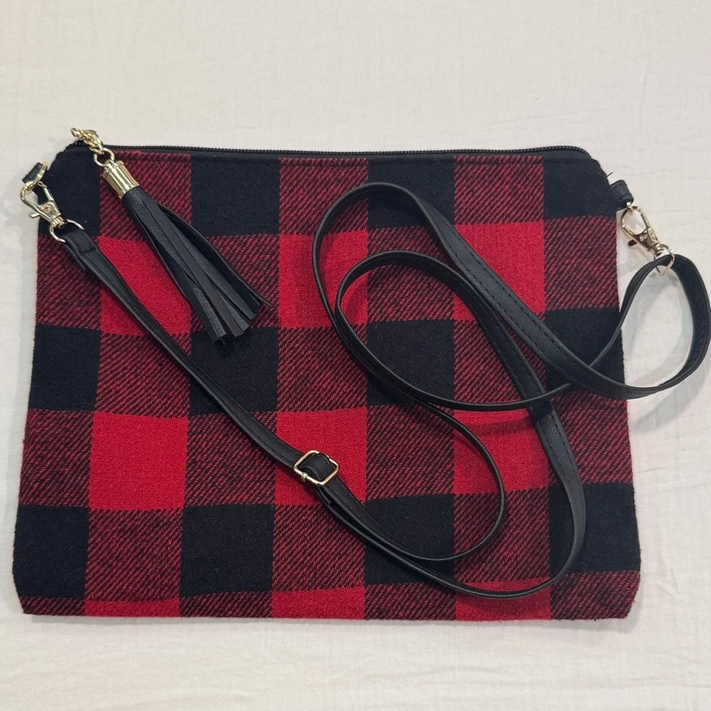 Red and Black Buffalo Plaid Crossbody Bag with Tassel